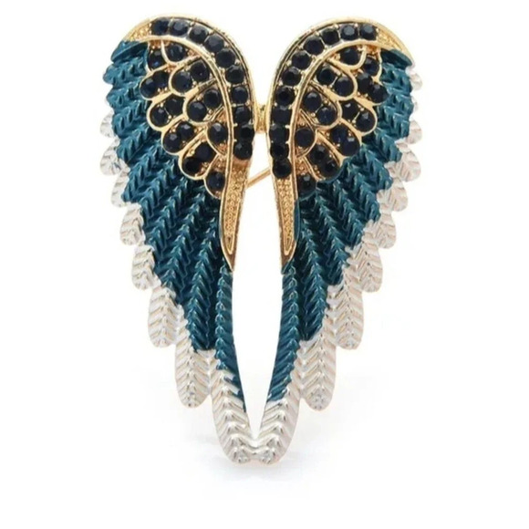 Blue and White Angel Wings Brooch with Sparkling Rhinestones - Picture 1 of 2